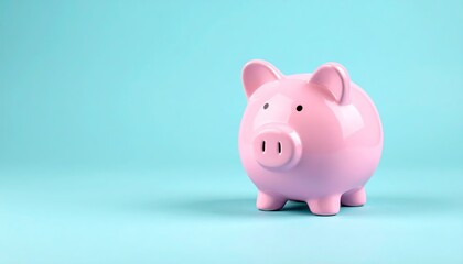 Pink piggy bank with blue background.
