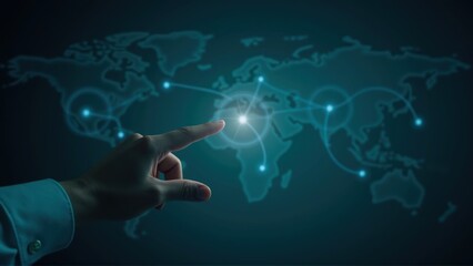 Engineer pointing at touchscreen diagram of interconnected regions on isolated background