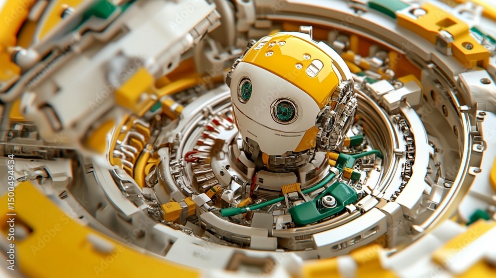 Poster a small, yellow robot nestled within a complex, circular, white and yellow mechanical structure. det