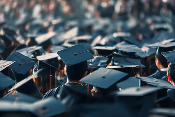 Single graduate in cap and gown highlighted by light blue and gold academic sash in graduation ceremony