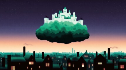 a castle floating above a polluted city where the workers live