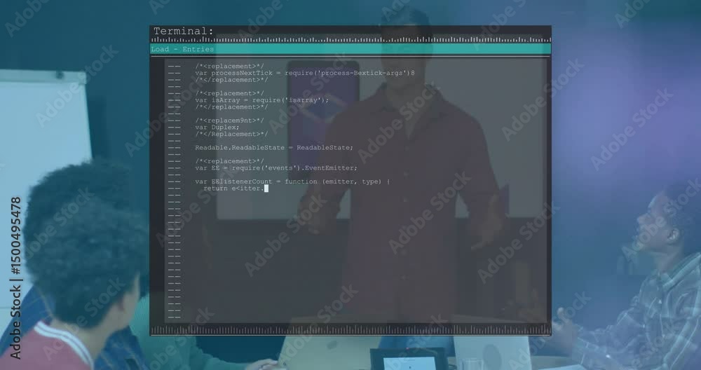 Aufkleber presenter clicking laptop causing terminal overlay and scrolling code initializing modules in tech