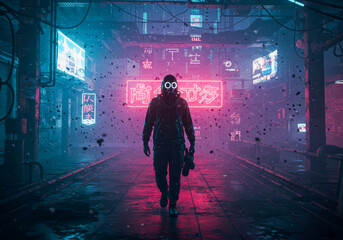 Mysterious Figure in Neon-Lit Cyberpunk Alleyway Walking Towards Camera