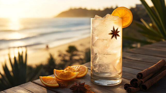 Delicious refreshing cocktail at tropical beach sunset