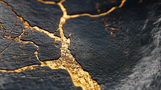 Elegant Black and Gold Cracked Plate, Kintsugi Style