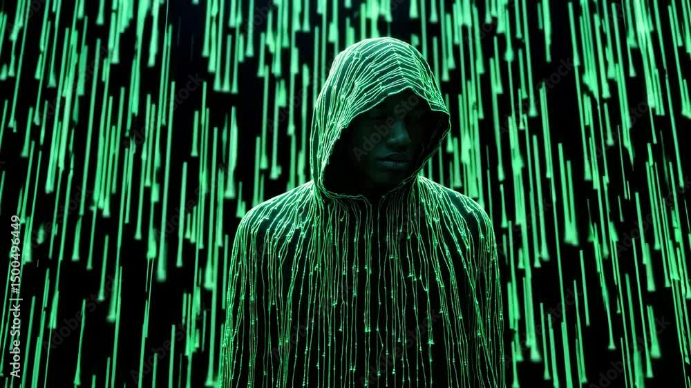 Poster digital transformation: mysterious hooded figure amidst a futuristic matrixinspired data stream