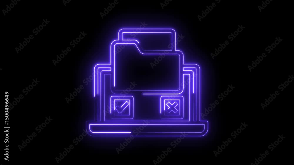 Poster neon folder icon animation with approve and disapprove symbols data management concept