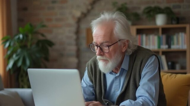 Older man teaching online classes through a laptop at home