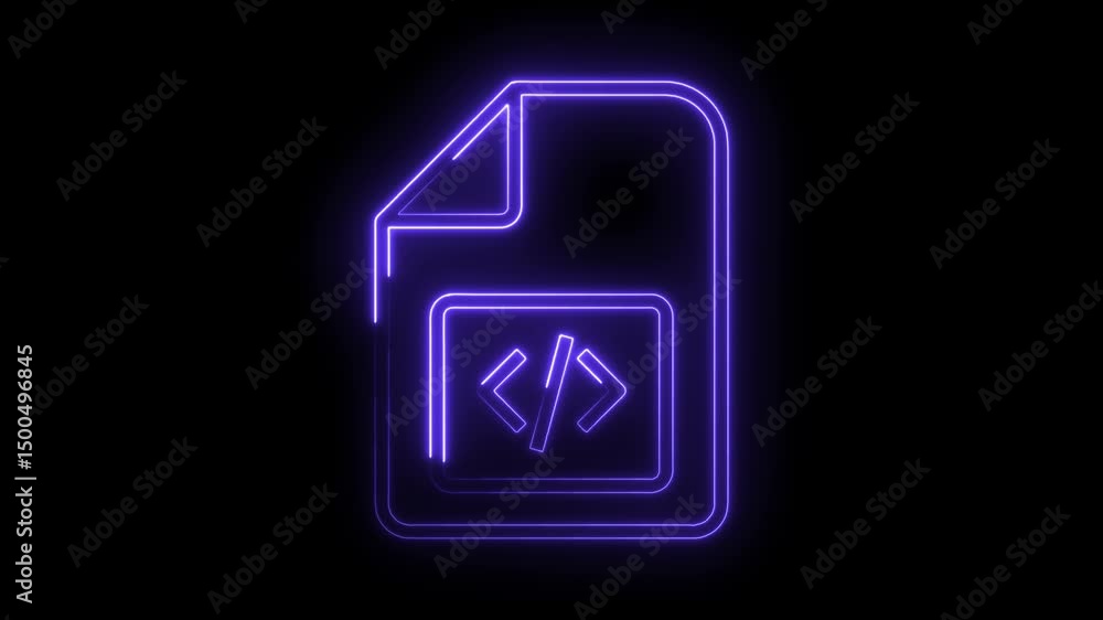 Poster neon code file icon animation on black background digital technology concept