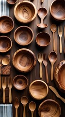 Beautiful handcrafted wooden kitchenware including bowls, plates, spoons, and utensils displayed on a dark wood table, showcasing elegant grain patterns and natural aesthetics

