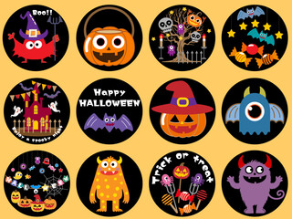 ハロウィーン■ハロウィーンモンスターとパンプキンのアイコンセット	
