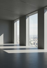 Obraz premium Modern Concrete Interior With City View Through Windows a Photo