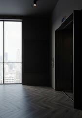 Modern Dark Interior with Elevator and City View Photo