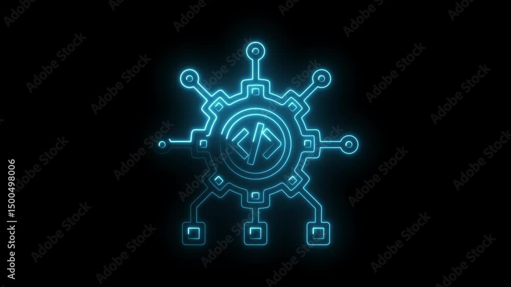 Poster glowing blue icon animation of decentralized application development and distribution network on bla