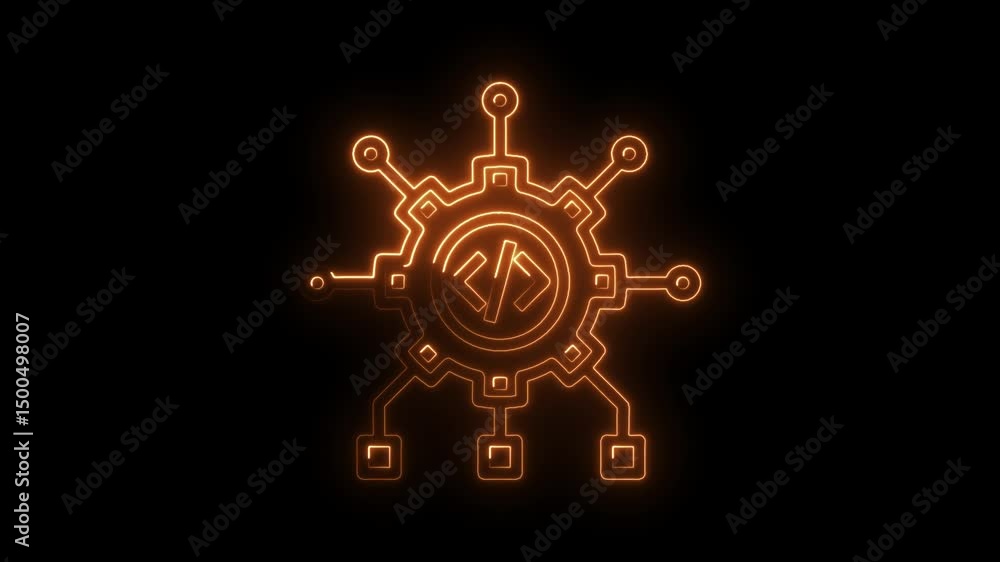 Poster glowing neon style software development connection system on a black background