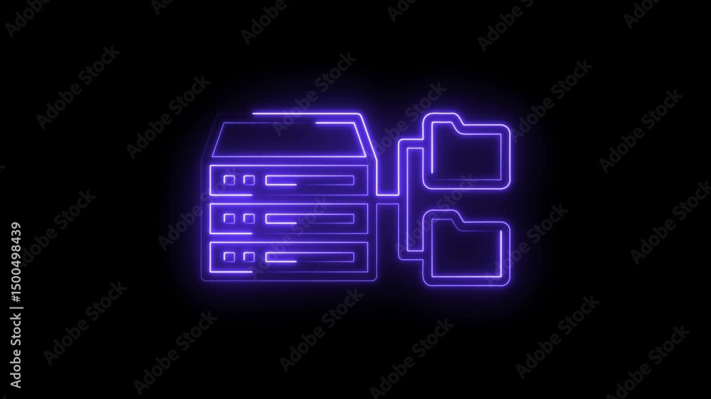 Poster neon server data connection transferring information to cloud folders on black background