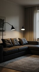 Modern Interior Living Room With Dark Grey Corner Sofa and Elegant Lamps
