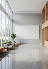 Modern Interior Lobby With Concrete Floors and a Large White Display Photo