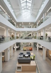 Modern Interior Office Building With Multi Level Floors And White Color Scheme Photo