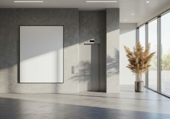 Modern Interior Photo of Hallway with Elevator and Blank Poster Frame