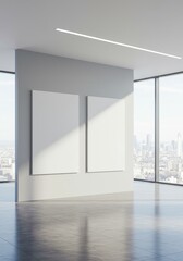 Modern Interior Photo With Two Blank Frames in a Bright Room with City View