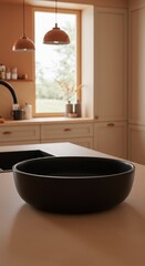 Modern Kitchen Interior With Black Bowl On The Table And Soft Lighting Photo