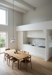 Modern Kitchen Interior with Wooden Table Chairs and White Design Photo
