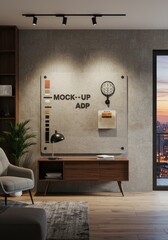 Modern Living Room Interior Design With Concrete Wall and Sunset View Photo