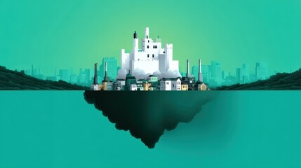 a castle floating above a polluted city where the workers live
