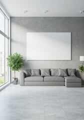 Modern Living Room Interior with Grey Sofa a Blank Canvas and Green Plant