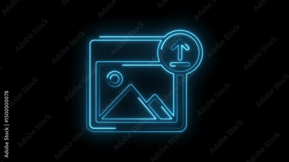 Poster neon style photo upload icon animation on black background represents digital file transfer concept