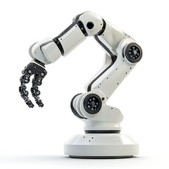 A 3D illustration of a robotic arm, ideal for robotics, industry, or technology visuals, displayed on a clean white background for focus 