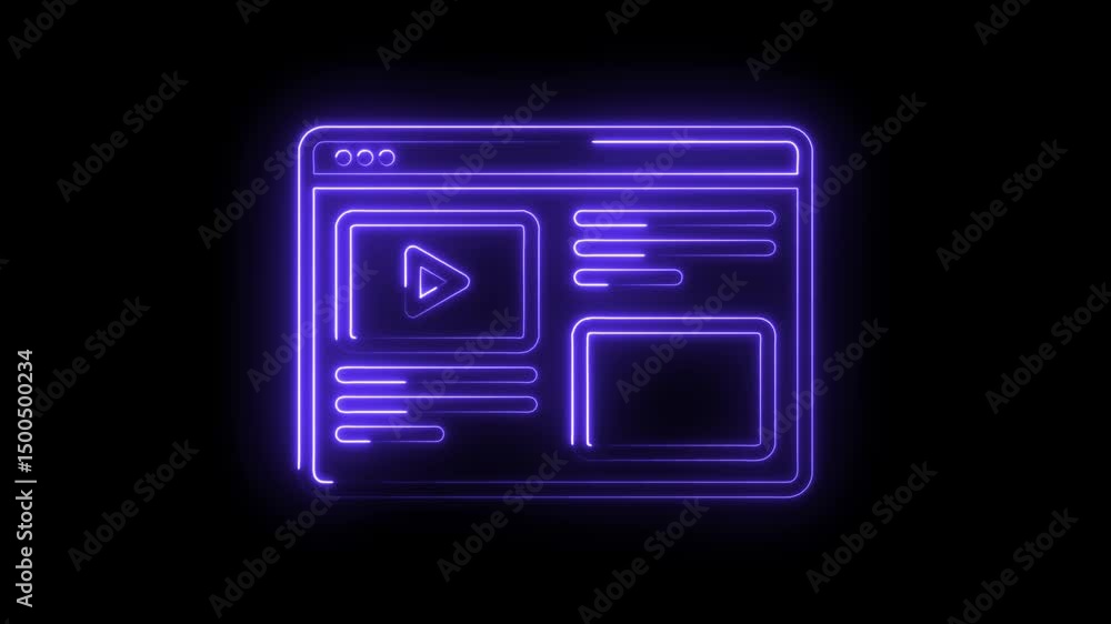 Aufkleber neon glowing website browser interface with video player on black background animated design