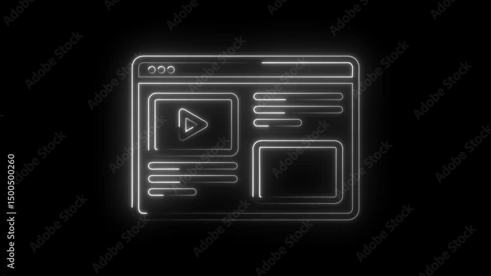 Poster neon outline of a browser window with video player and text fields animation