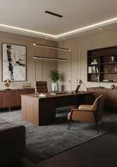 Modern Office Interior Brown Wooden Furniture with Elegant Lighting