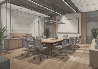 Modern Office Interior Design with Meeting Table and Conference Room as Illustration