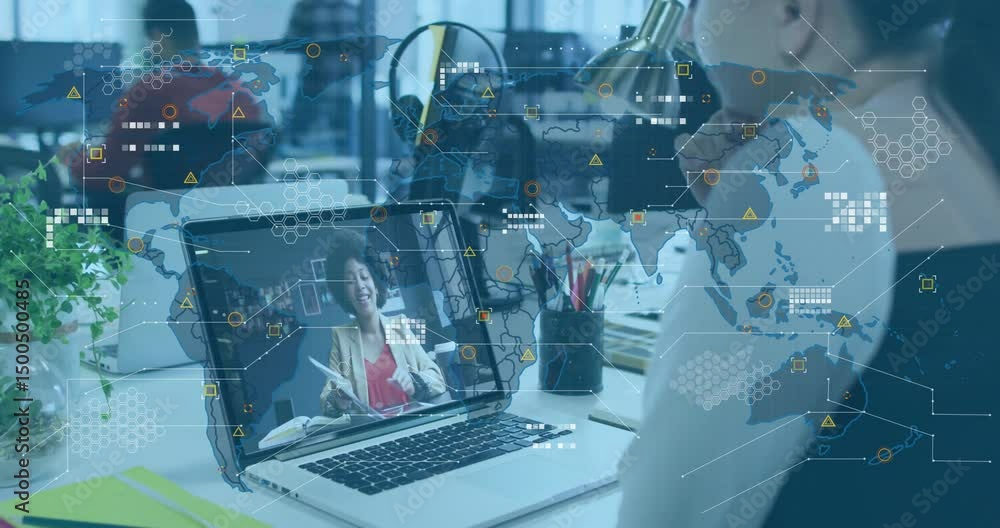 Poster female professional joining call at desk, creating world map overlay and data clusters for business