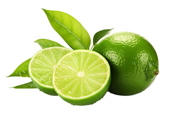 Fresh limes with leaves isolated on a white background, On Transparent Background, Png