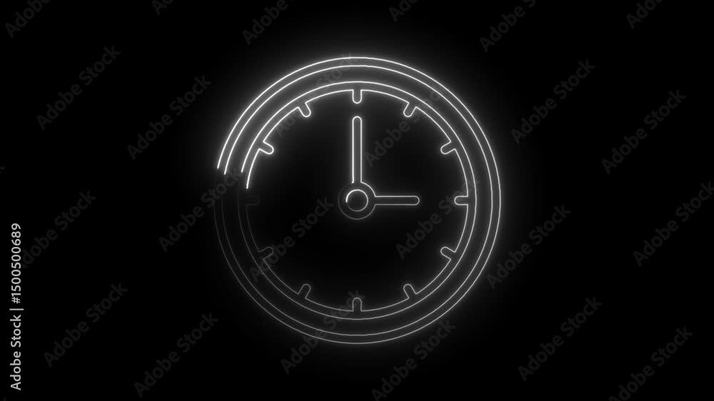 Poster animated clock icon with glowing neon effect on black background for timekeeping concept
