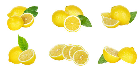 lemon collection, fresh yellow citrus fruit on transparent background.