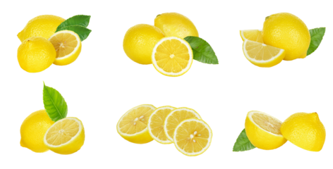 lemon collection, fresh yellow citrus fruit on transparent background.