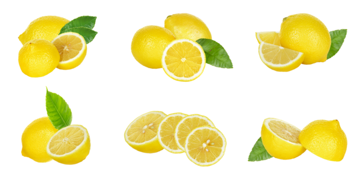 lemon collection, fresh yellow citrus fruit on transparent background.