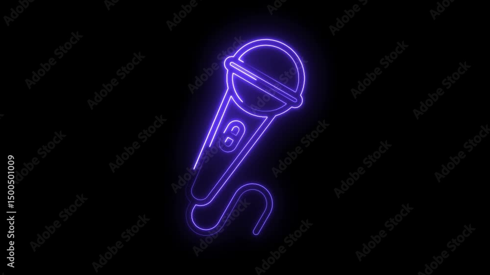Poster glowing purple neon microphone shape animation on a black background for visual graphics