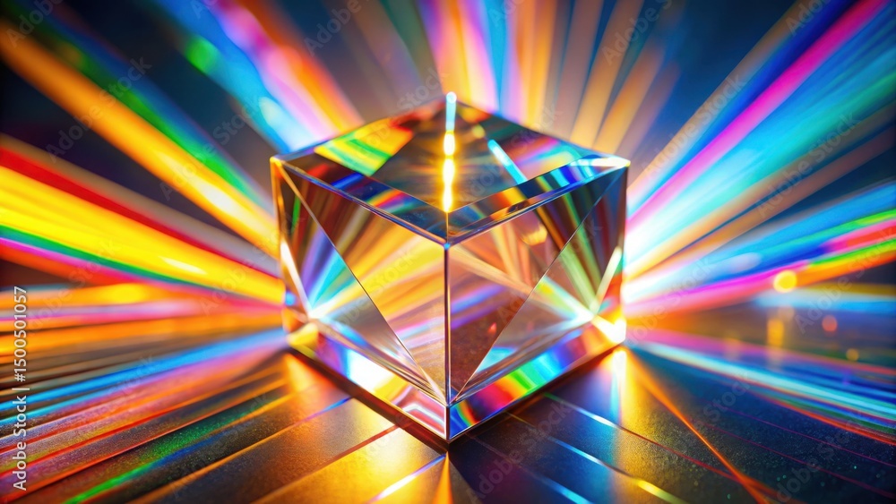 Poster Light Refraction Through Crystal Prism Creating Colorful Rays Display