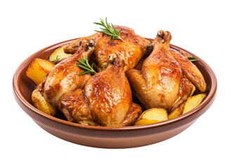 Fototapeta premium Roasted chicken with potatoes rosemary garnish isolated on a white background, On Transparent Background, Png
