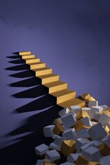 a staircase where the top steps are made of gold and the bottom steps are broken, focused lighting