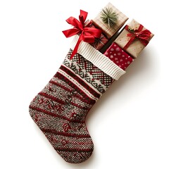 A cozy Christmas stocking with gifts and ribbons, placed neatly on a white background 