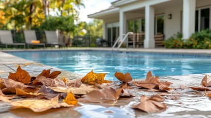 Autumn leaves scattered around a pool's edge, with a house in the background.  The pool water is clear and inviting