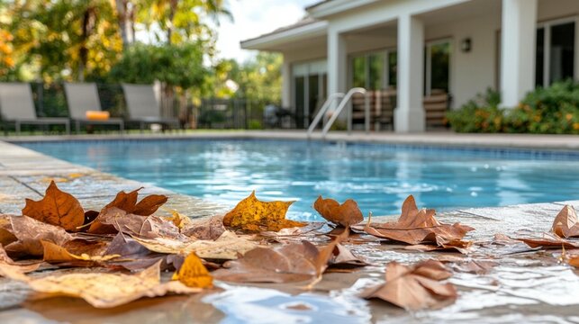 Autumn leaves scattered around a pool's edge, with a house in the background.  The pool water is clear and inviting