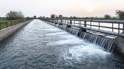 Long water canal with cascading falls and metal railings under a bright sky.